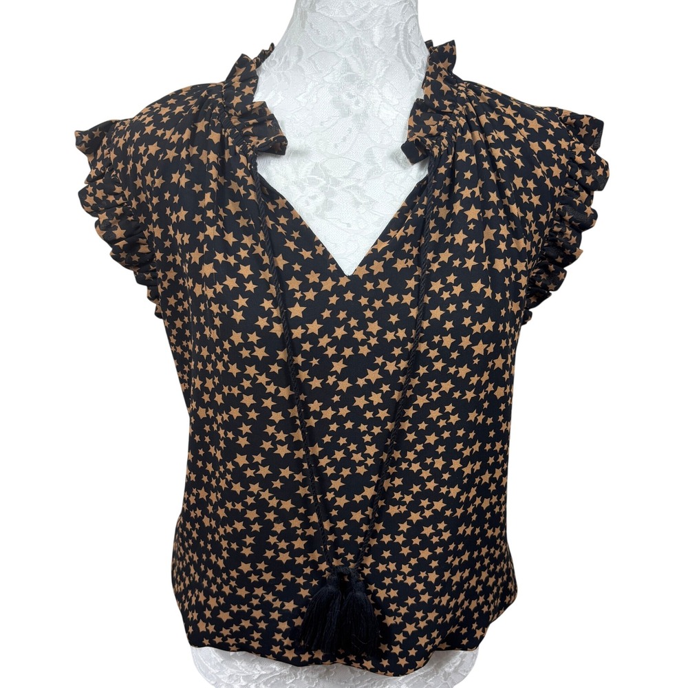 Sen Black Brown Star Ruffled V-Neck Tassel Flutter Sleeve Blouse Top Womens M